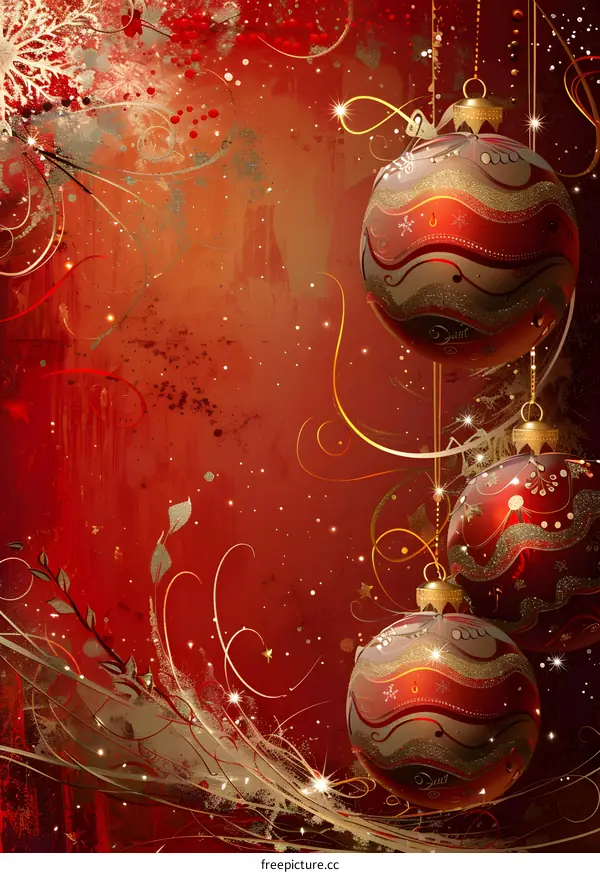 Christmas ornaments hanging on a red background