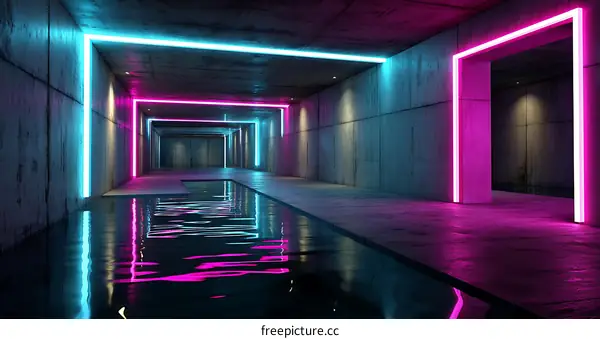 Neon Futuristic Concrete Tunnel with Water Reflection