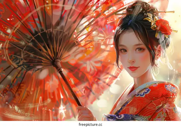 Japanese Woman in Red Kimono Holding a Red Umbrella