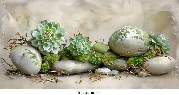 Green Succulents and Stones on a White Background