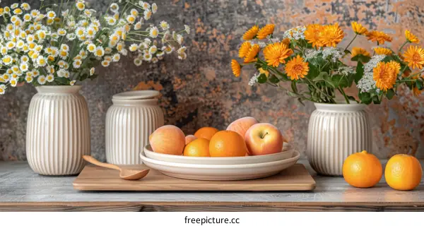 Floral Still Life with Fruit and Ceramics