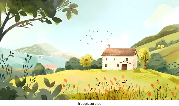 Cartoon Illustration of a House in a Green Field with Hills and Trees