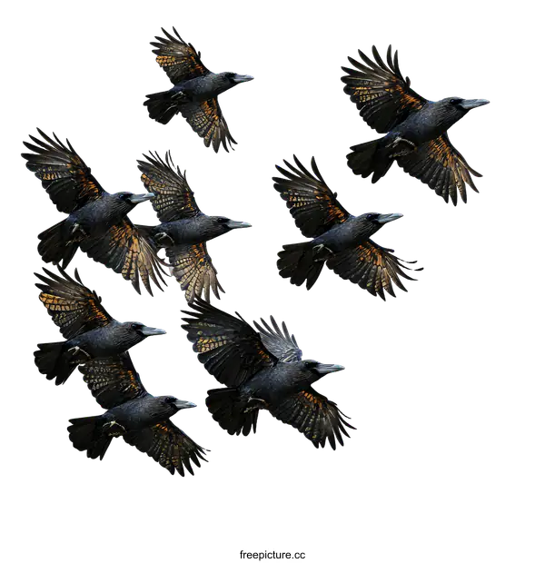 [Transparent Background PNG]A Flock of Crows in Flight Against a White Background