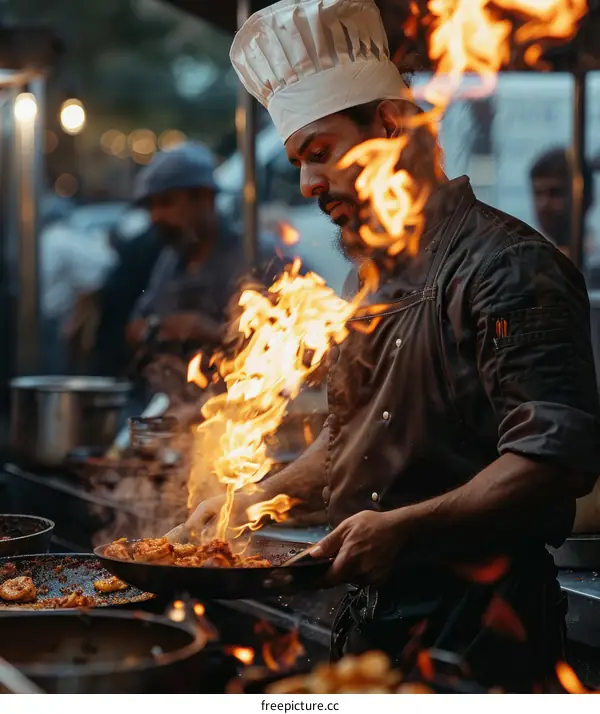 Focused Indian male chef cooking with fire in a busy kitchen