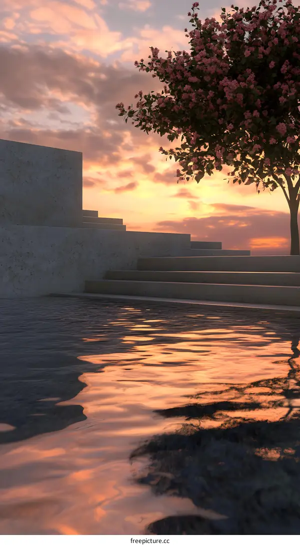 Sunset Reflection in a Pool with Stairs and a Tree