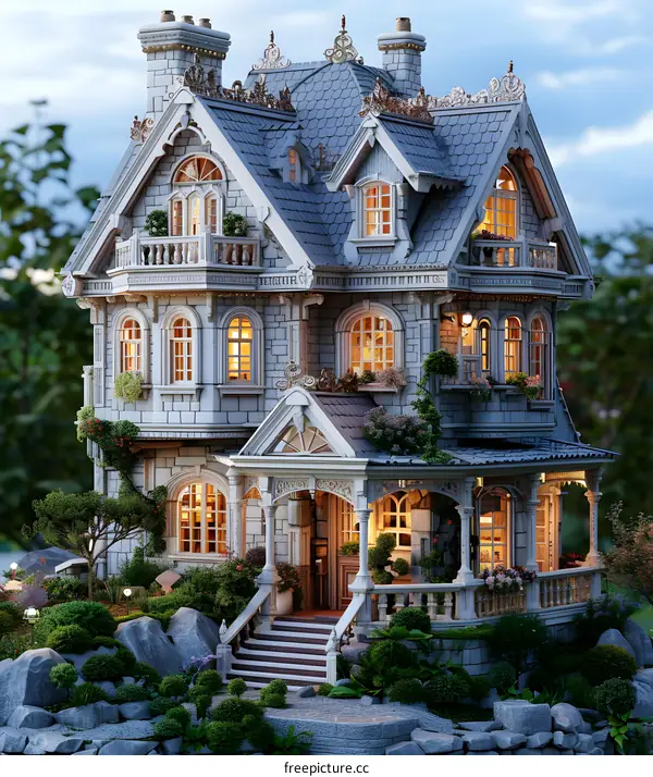 A beautiful dollhouse with intricate details and a garden