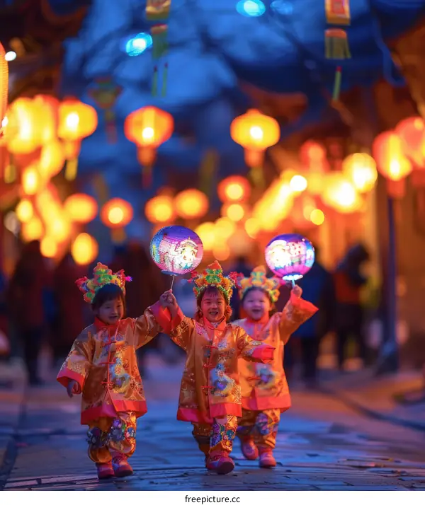 Three happy Chinese children holding colorful lanterns during a lantern festival