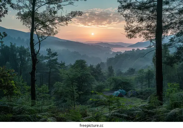 Camping in the mountains at dawn