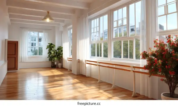 Empty Dance Studio with Sunlight and Large Windows