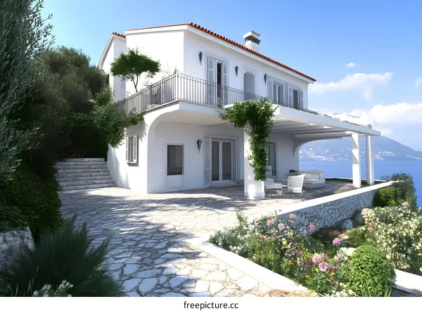 Mediterranean Style Villa with Ocean View and Lush Greenery