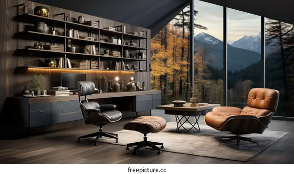 Modern home office with a stunning view of the mountains