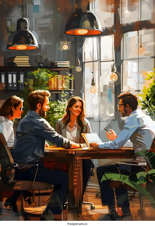 Four business people discussing ideas in a modern office