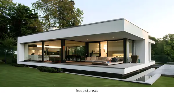 Modern White House with Large Windows and a Patio