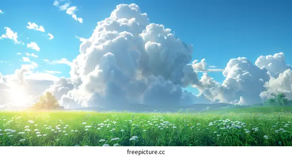 A beautiful landscape with blue sky, white clouds and a sea of flowers