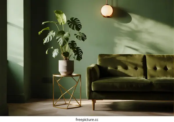 Cozy indoor space with green sofa and potted plant