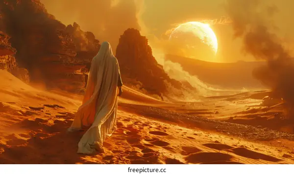 A person walking through a desert toward the setting sun