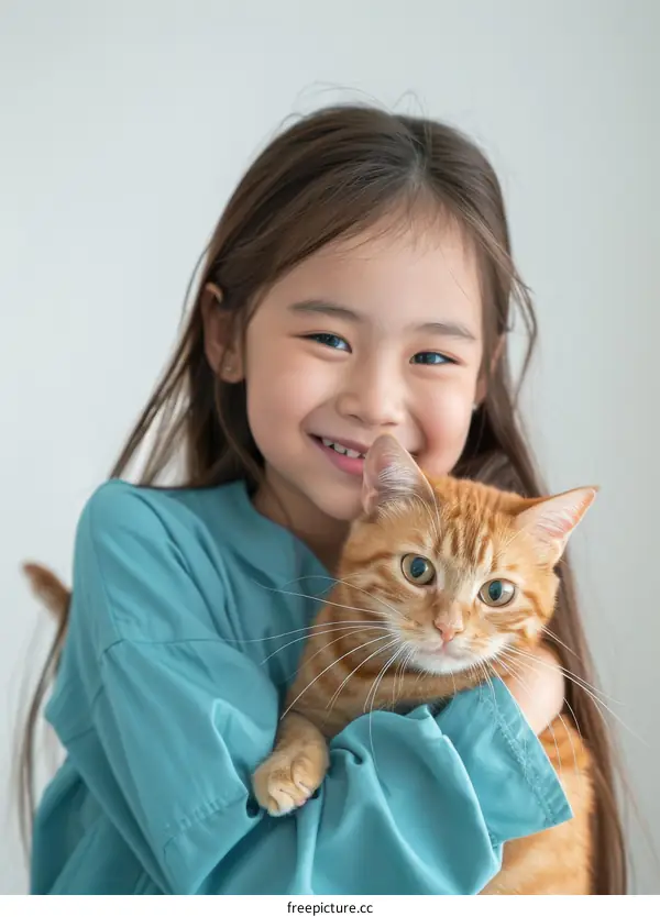 An Asian girl hugging an orange cat