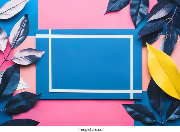 Blue Background With White Lines And Yellow Leaves