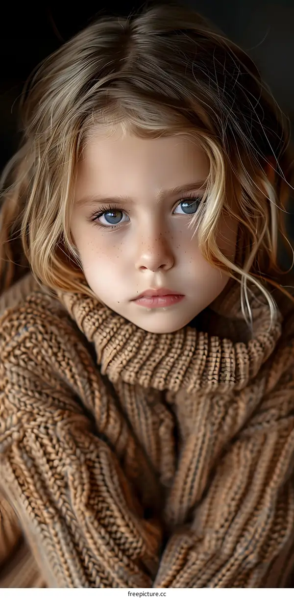 Portrait of a young girl with freckles and blue eyes