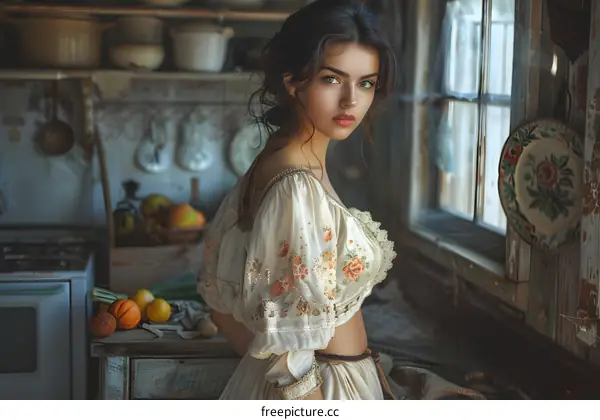 Beautiful Woman Standing in a Rustic Kitchen