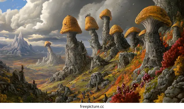 Fantasy Landscape with Giant Mushrooms and People