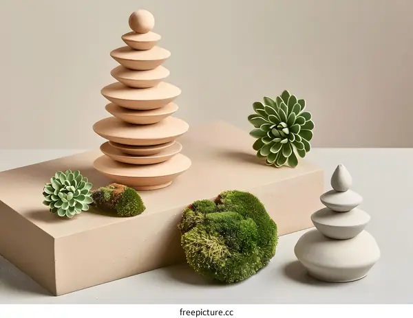 Wooden Stacking Rings and Succulents on Beige Platform