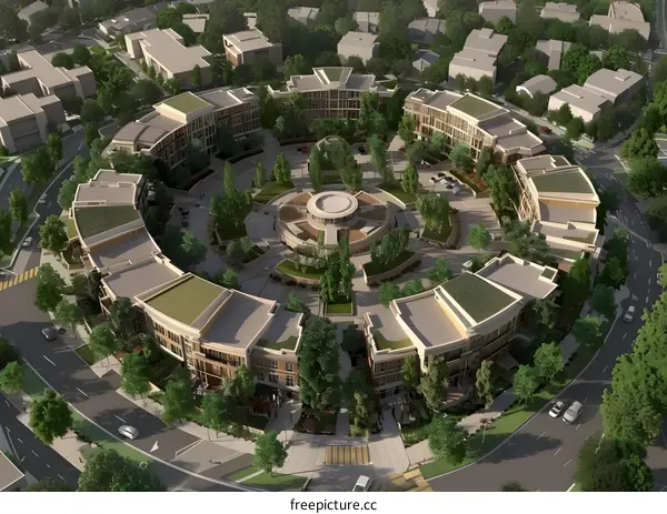Modern Architecture Aerial View Of Buildings Surrounding A Green Courtyard
