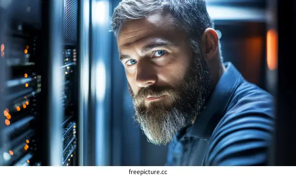 Focused IT Technician Near Server Rack