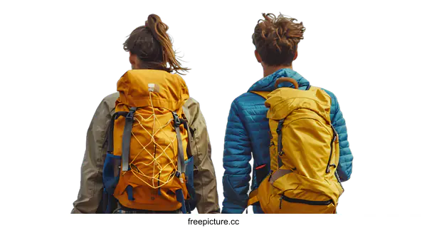 [Transparent Background PNG]Two people with backpacks are hiking in the mountains.