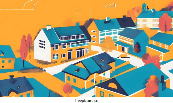 Colorful Illustration of a Small Town with Houses and Trees