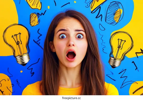 Young Woman with a Surprised Expression and Lightbulb Ideas
