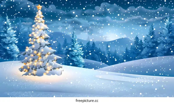 Christmas Tree in Snowy Winter Night