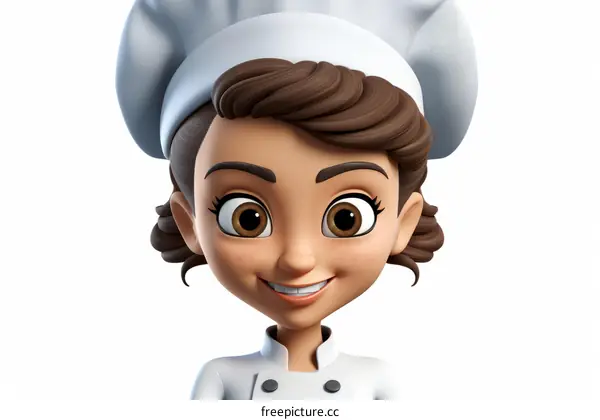 3D Illustration of a Female Chef with Brown Hair and Brown Eyes Wearing a White Chef's Hat and Apron