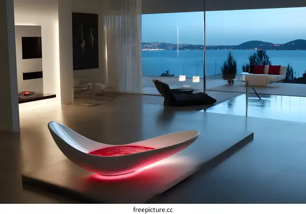 Modern Bathroom Interior Design With Bathtub And Ocean View