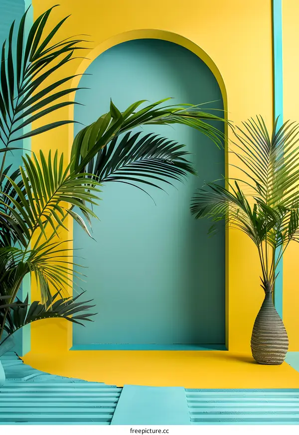 Tropical Palm Leaves and Yellow Teal Wall Arch