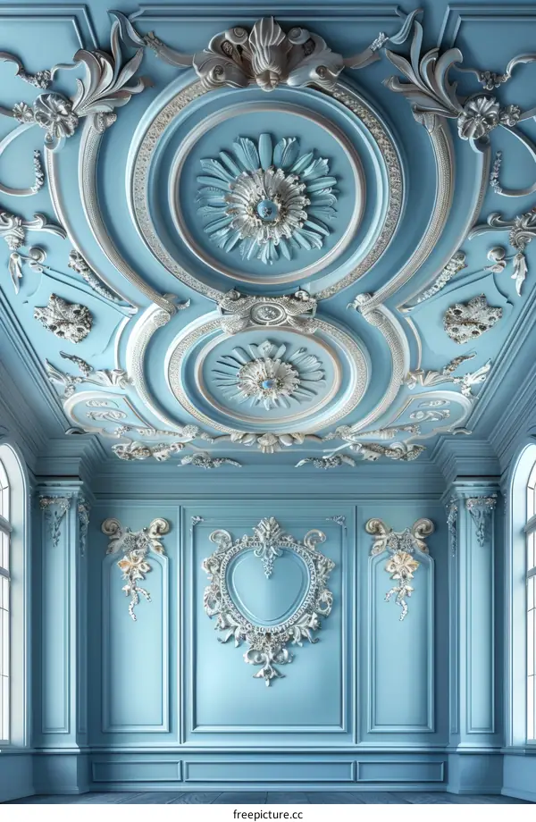 Elegant Light Blue Room with Exquisite Baroque Ceiling and Wall Decorations