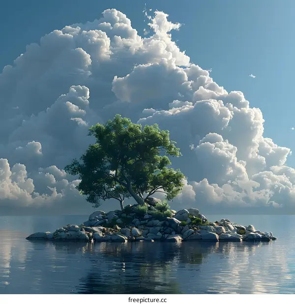 Small rocky island with green tree and large clouds in the background