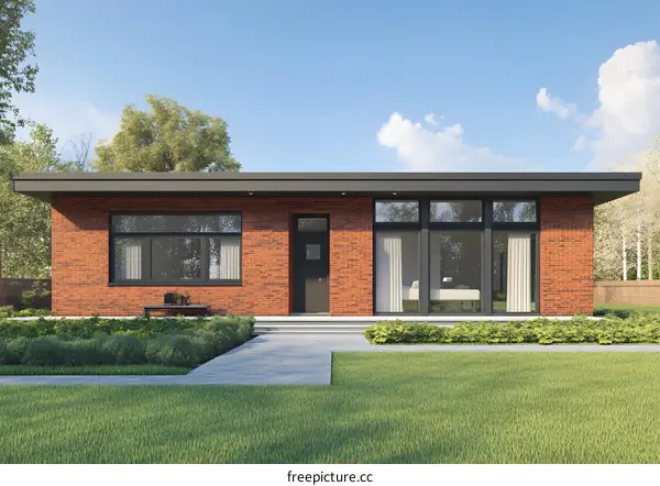 Modern Brick House with Large Windows and Green Grass