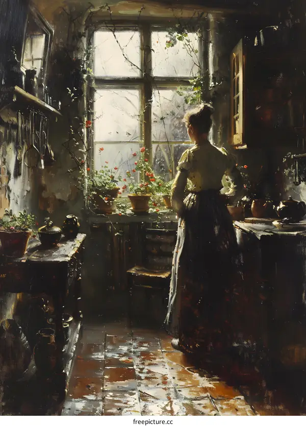 A woman standing in a kitchen looking out the window