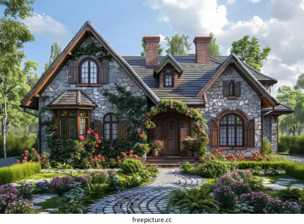 Charming stone cottage with flowers