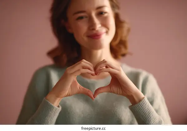 Woman Making Heart Shape with Hands on Pastel Background