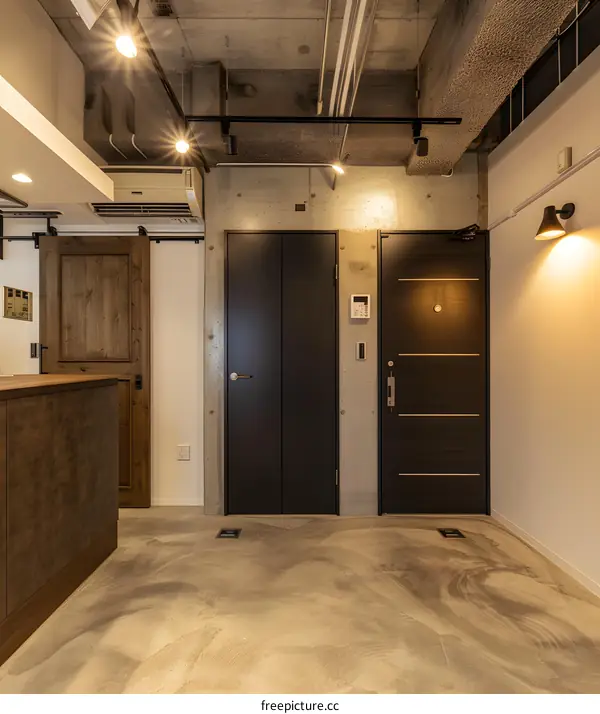 Modern Concrete Interior Design with Exposed Ceiling Beams and Wooden Doors