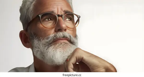 portrait of a man with white beard and glasses looking up