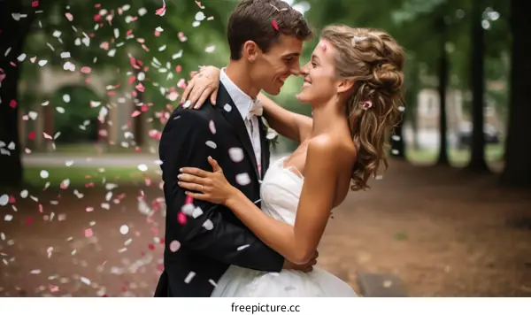 A newlywed couple is standing in a park, surrounded by falling confetti.