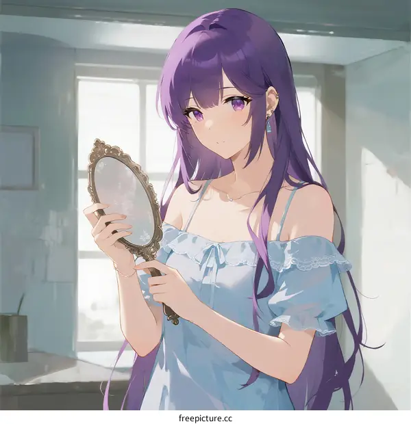 A Young Woman with Long Purple Hair Looking at a Hand Mirror