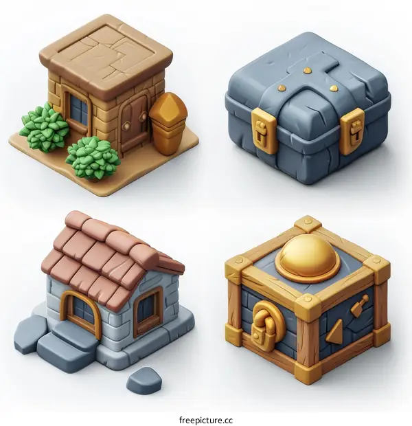 A set of 3D rendered isometric buildings and chests