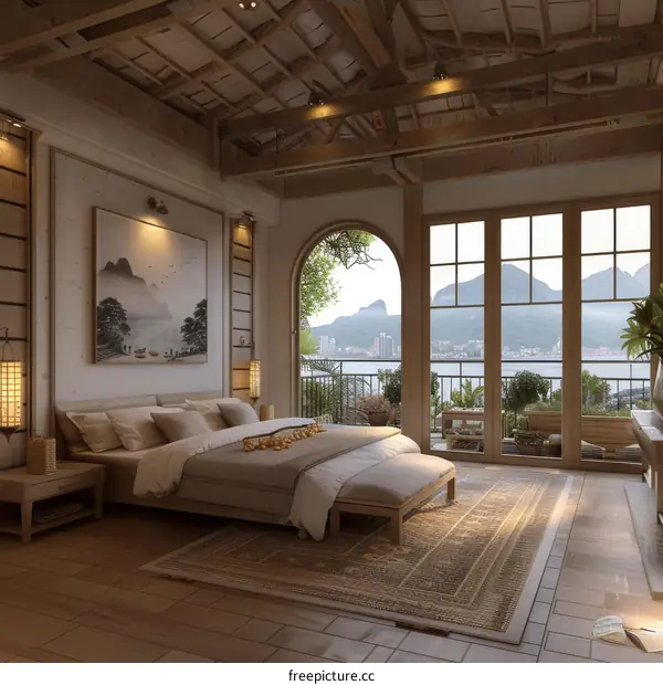 Modern Wooden Bedroom with Mountain View Illustration