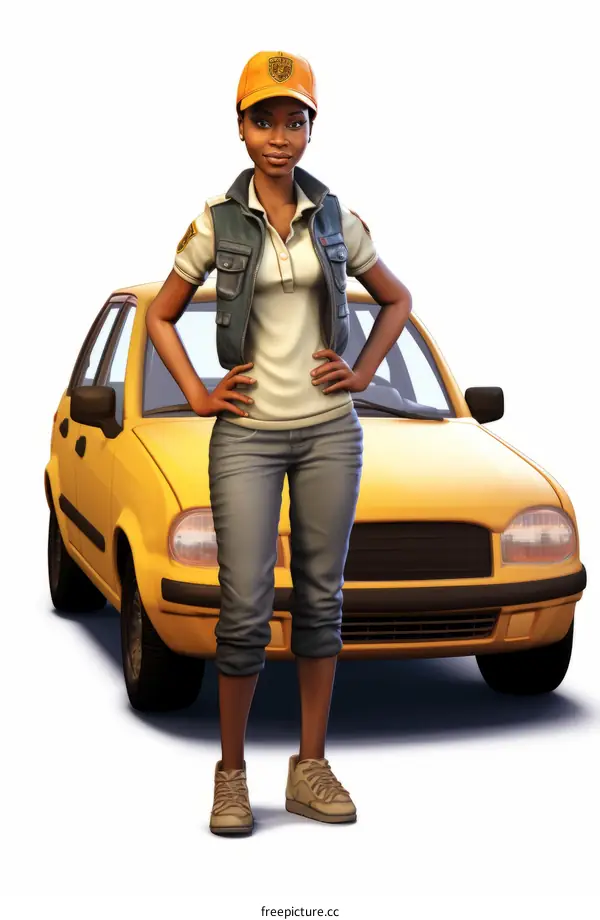 A female police officer standing in front of a yellow car