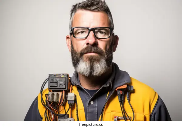 portrait of a male technician wearing glasses and a yellow safety vest