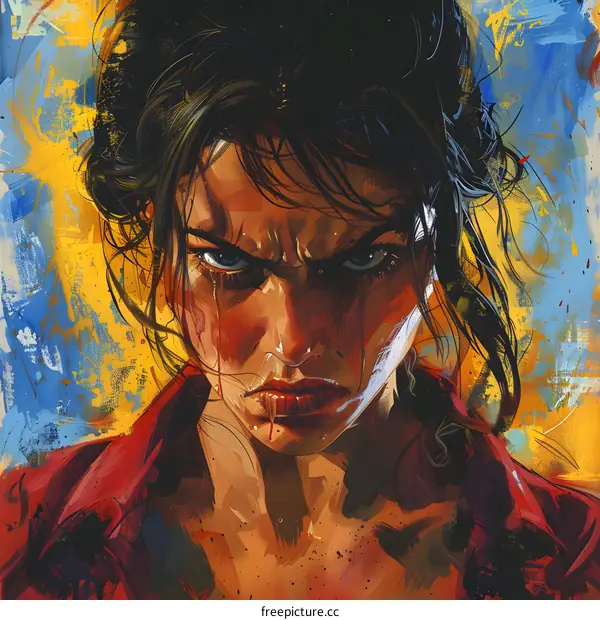 Portrait of a determined woman with blood on her face